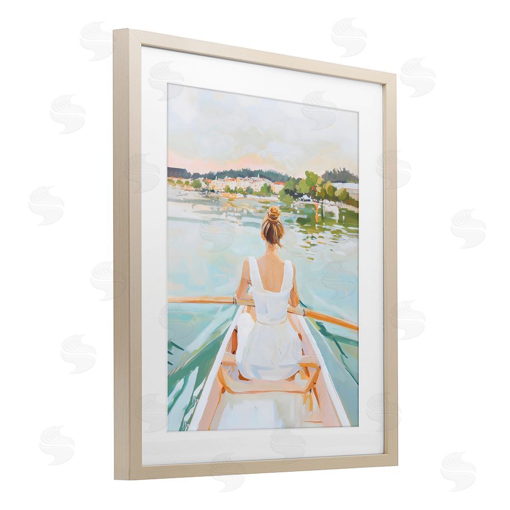 The Prints Vibe Girl In Peaceful Canoe Ride Brown Framed Print Under Glass Wall Art
