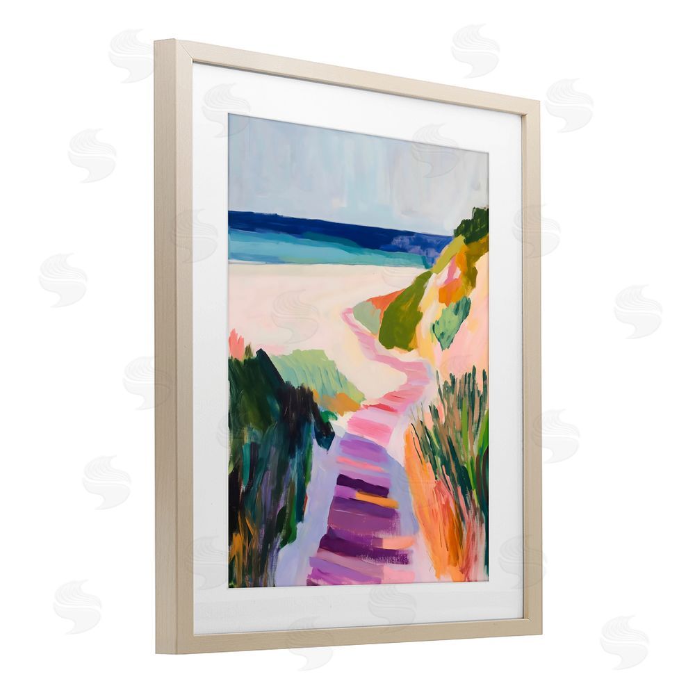 The Prints Vibe Pastel Beach Pathway to Shore Brown Framed Print Under Glass Wall Art