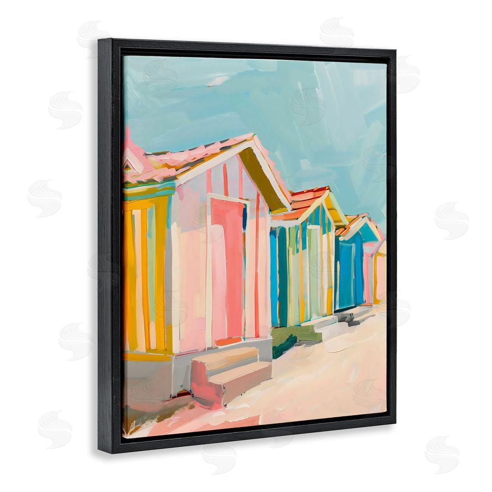 The Prints Vibe Striped Beach Bungalows Black Floating Framed Canvas Wall Art Print