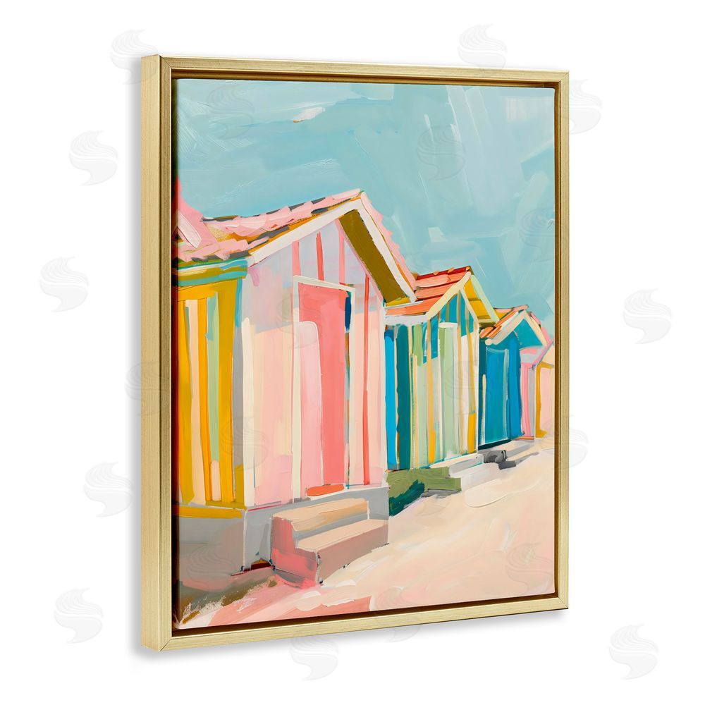 The Prints Vibe Striped Beach Bungalows Gold Floating Framed Canvas Wall Art Print