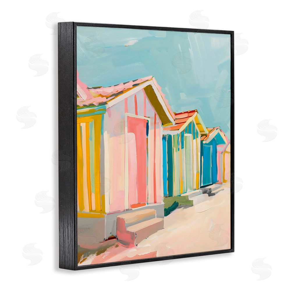 The Prints Vibe Striped Beach Bungalows Black Framed Giclee Wall Art Print