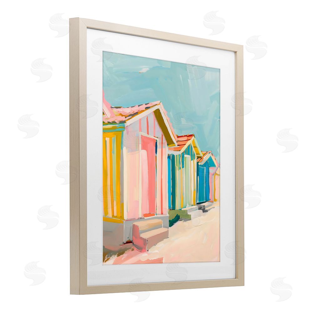 The Prints Vibe Striped Beach Bungalows Brown Framed Print Under Glass with White Mat Wall Art