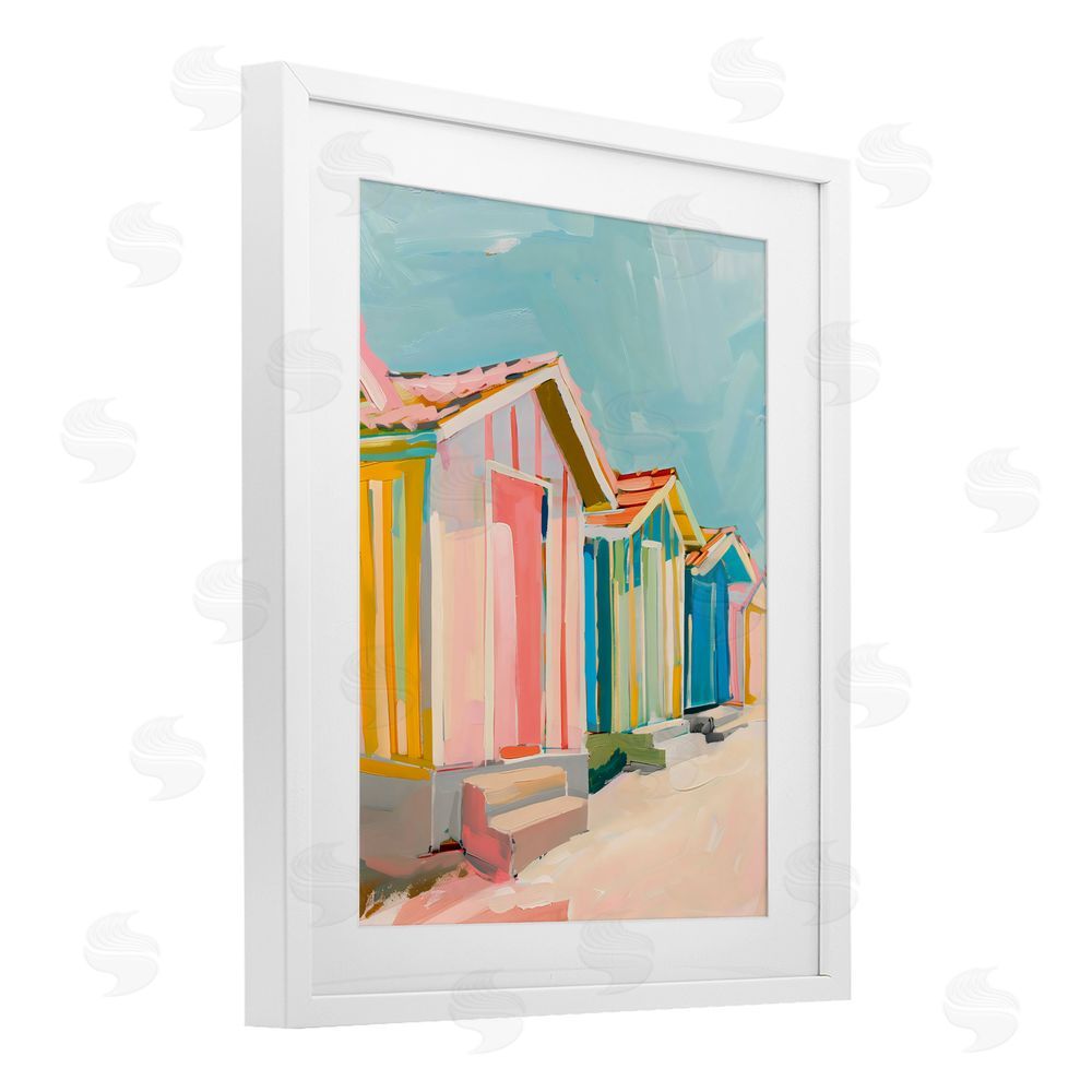 The Prints Vibe Striped Beach Bungalows White Framed Print Under Glass with White Mat Wall Art