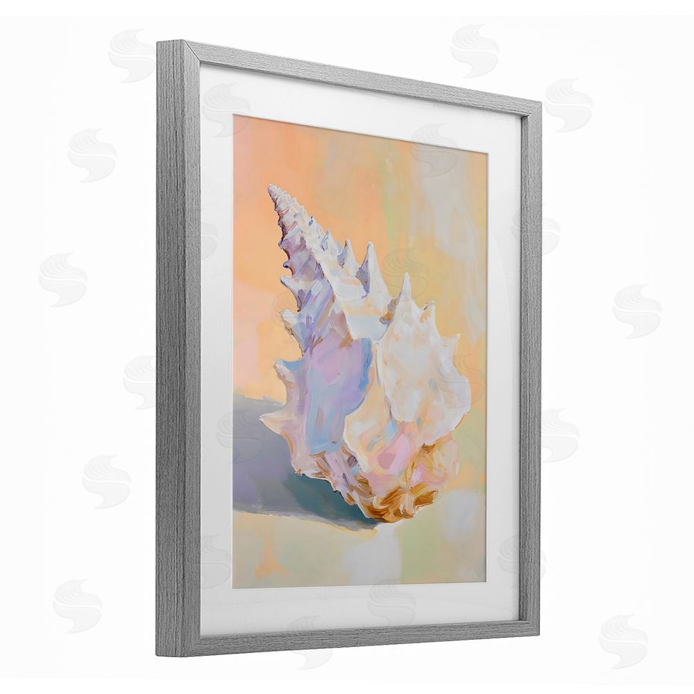 The Prints Vibe Vintage Shell in Pastel Light Gray Framed Print Under Glass with White Mat Wall Art