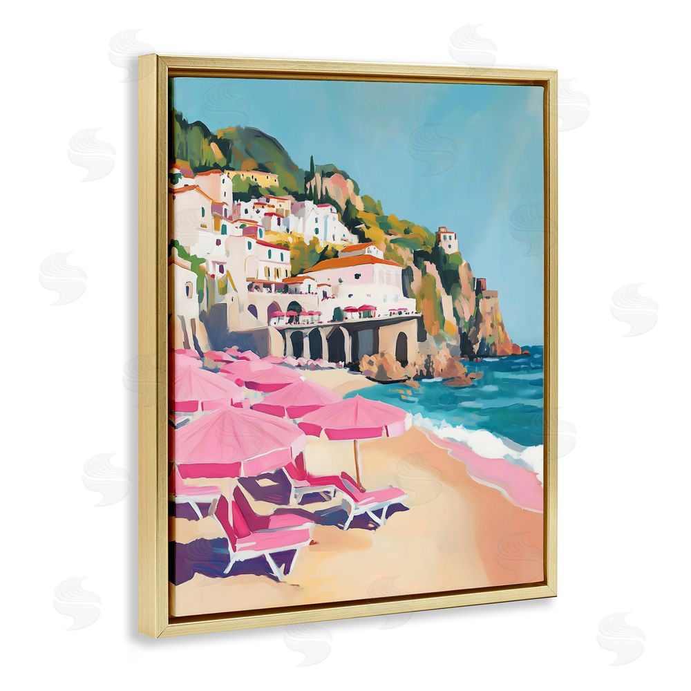 The Prints Vibe Pink Beach Chairs on Shoreline Gold Floating Framed Canvas Wall Art