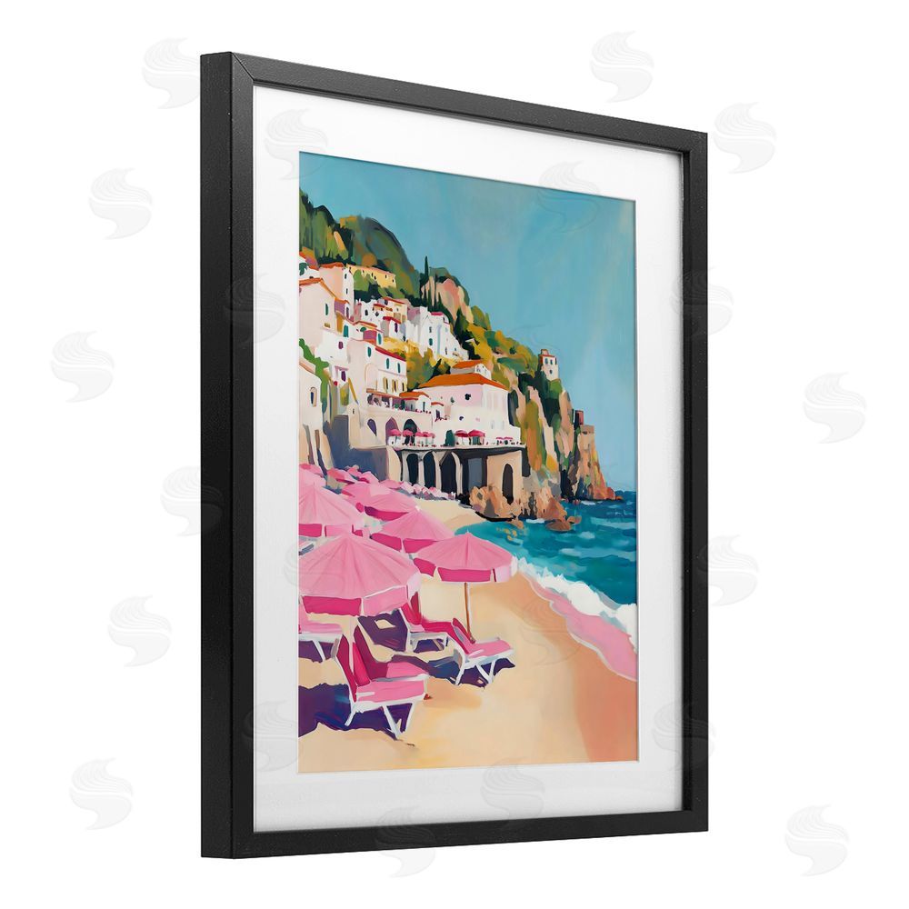 The Prints Vibe Pink Beach Chairs on Shoreline Black Framed Print Under Glass Wall Art