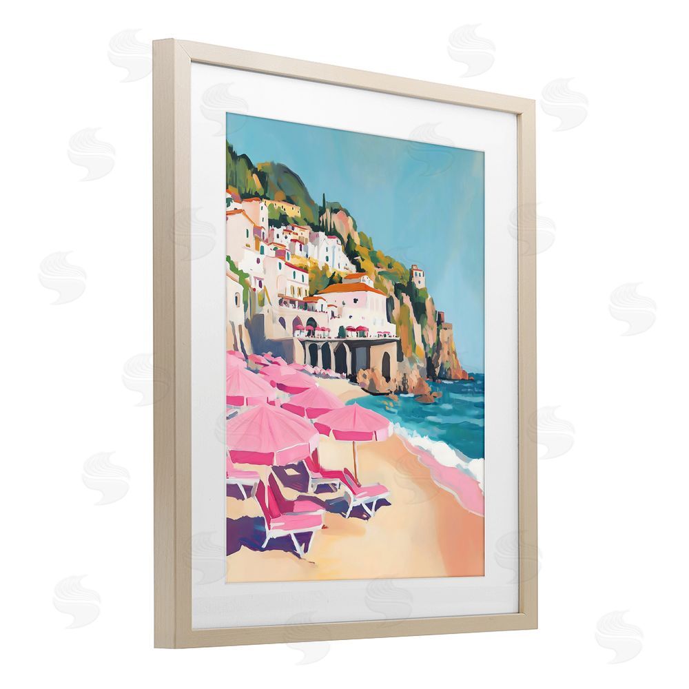 The Prints Vibe Pink Beach Chairs on Shoreline Brown Framed Print Under Glass Wall Art
