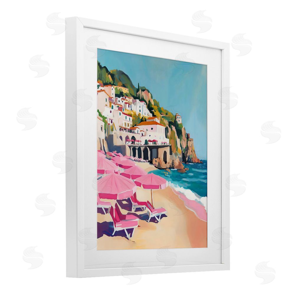 The Prints Vibe Pink Beach Chairs on Shoreline White Framed Print Under Glass Wall Art