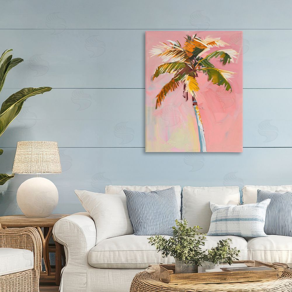 The Prints Vibe Pink Palm Summer Oasis Stretched Canvas Wall Art in Room