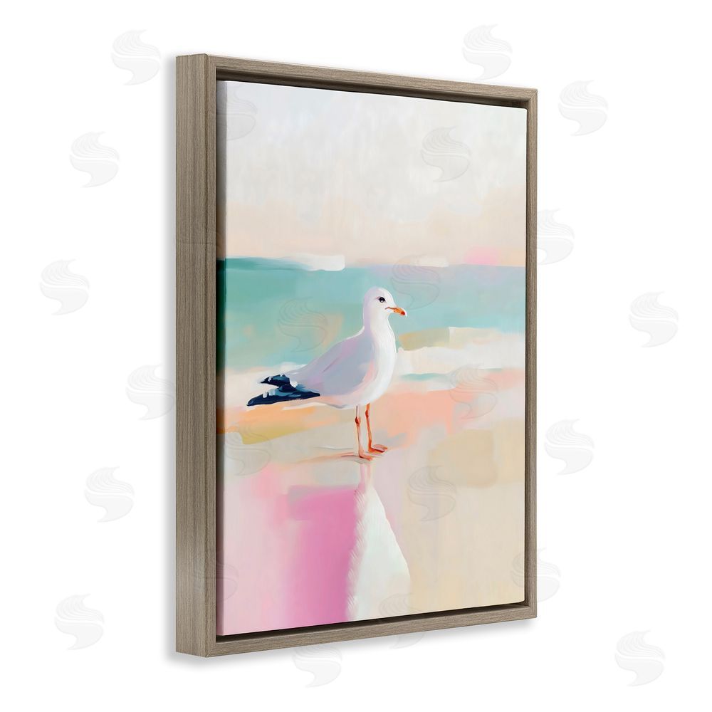 The Prints Vibe Seagull Beach Tranquil Reflection Brown Floating Framed Canvas Wall Art Print
