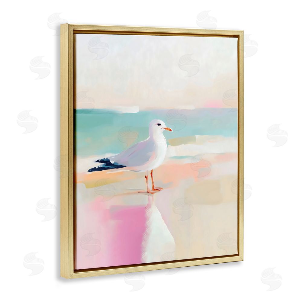 The Prints Vibe Seagull Beach Tranquil Reflection Gold Floating Framed Canvas Wall Art Print