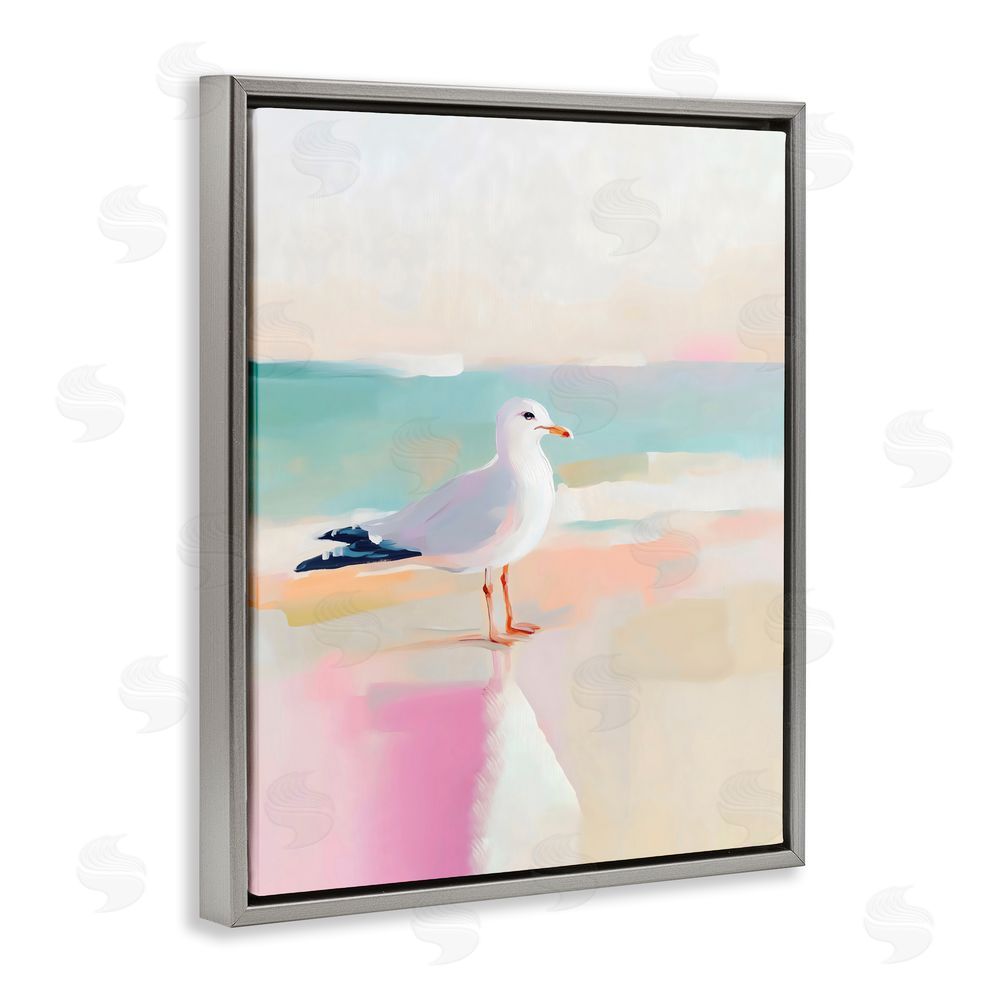 The Prints Vibe Seagull Beach Tranquil Reflection Gray Floating Framed Canvas Wall Art Print
