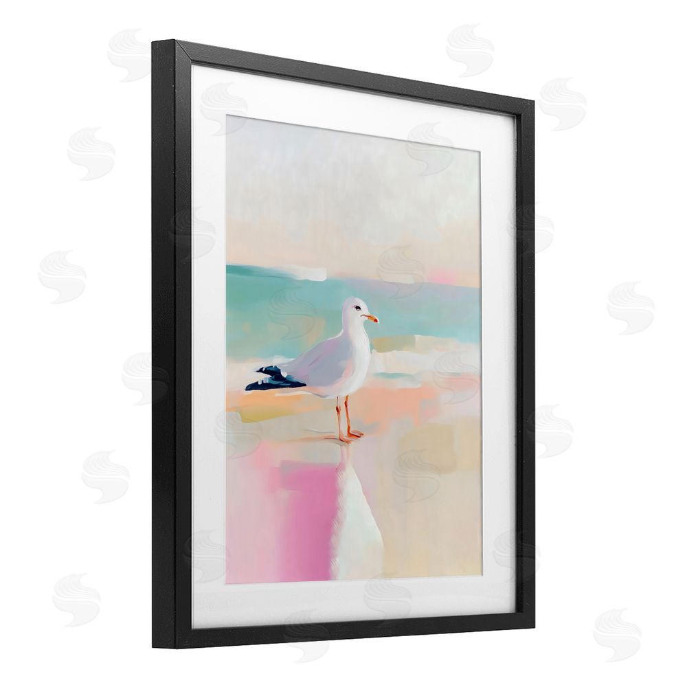 The Prints Vibe Seagull Beach Tranquil Reflection Black Framed Print Under Glass with White Mat Wall Art
