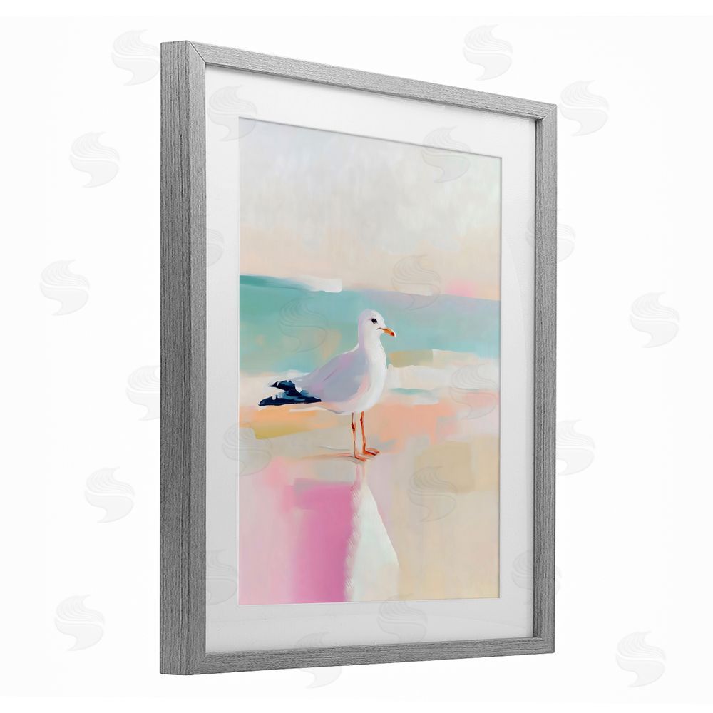 The Prints Vibe Seagull Beach Tranquil Reflection Gray Framed Print Under Glass with White Mat Wall Art
