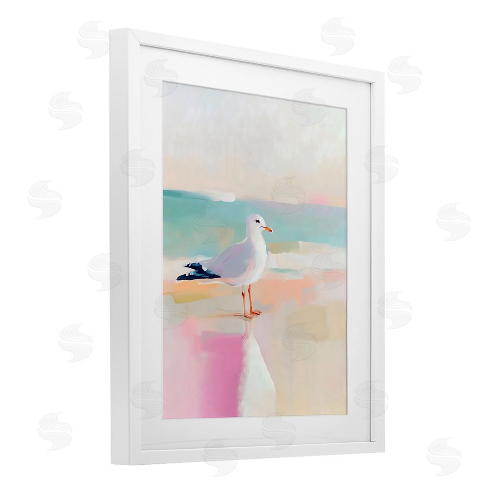 The Prints Vibe Seagull Beach Tranquil Reflection White Framed Print Under Glass with White Mat Wall Art