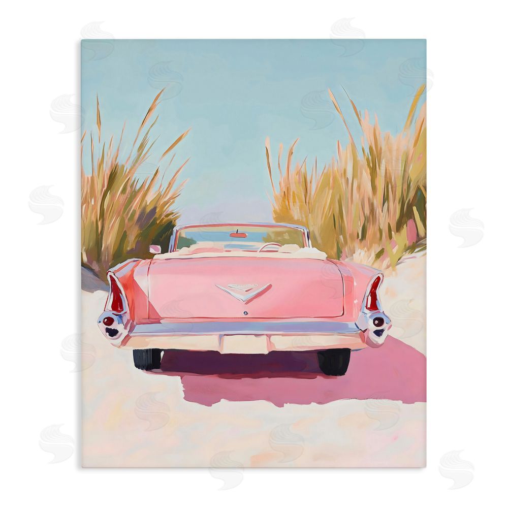 The Prints Vibe Pink Cadillac on Beach Stretched Canvas Wall Art