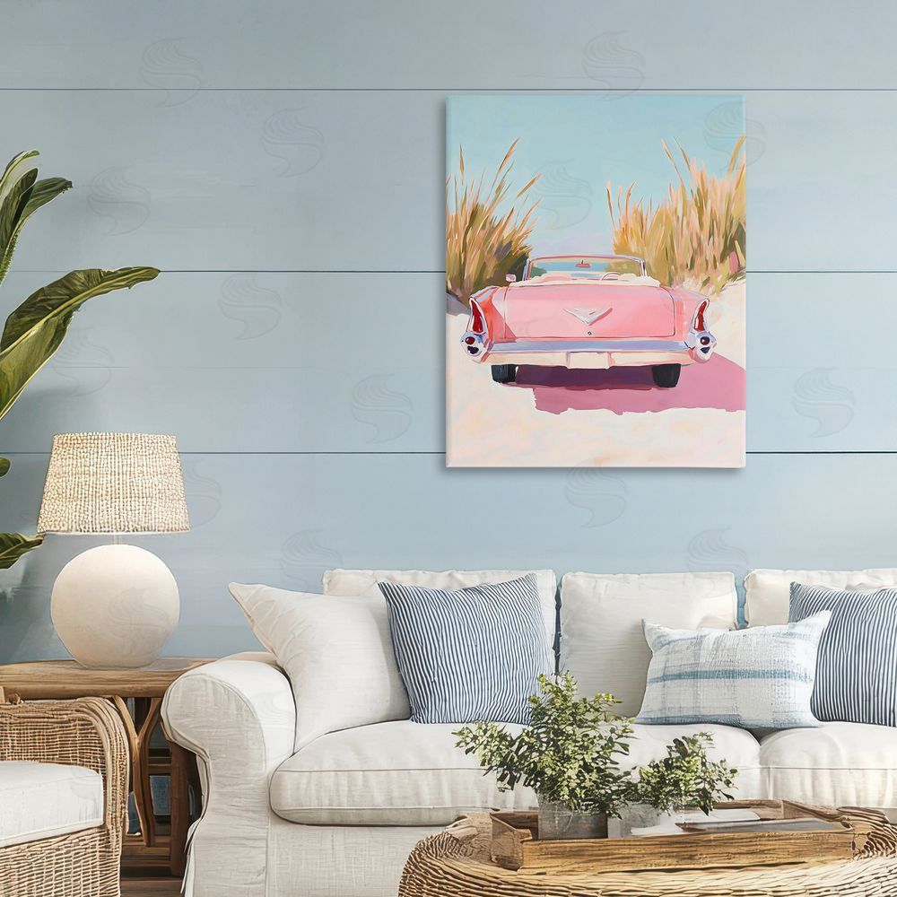 The Prints Vibe Pink Cadillac on Beach Stretched Canvas Wall Art in Room