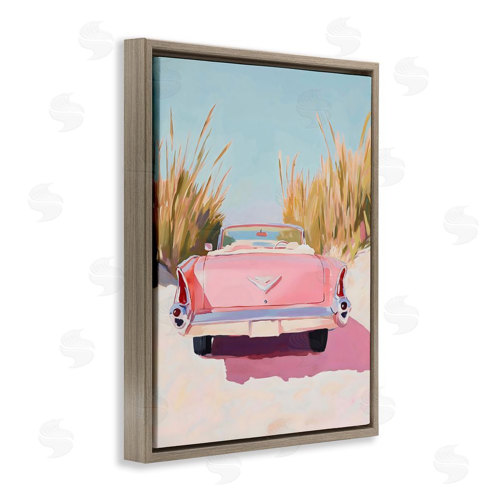 The Prints Vibe Pink Cadillac on Beach Brown Floating Framed Canvas Wall Art