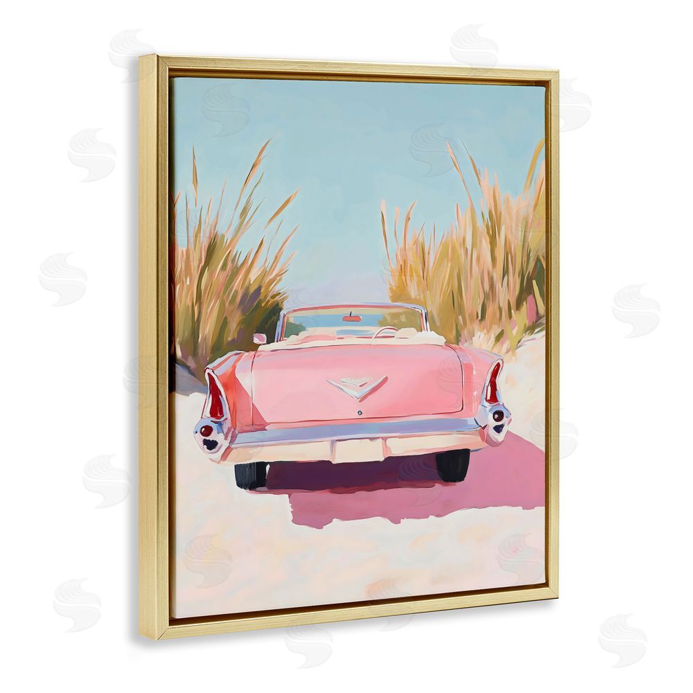 The Prints Vibe Pink Cadillac on Beach Gold Floating Framed Canvas Wall Art