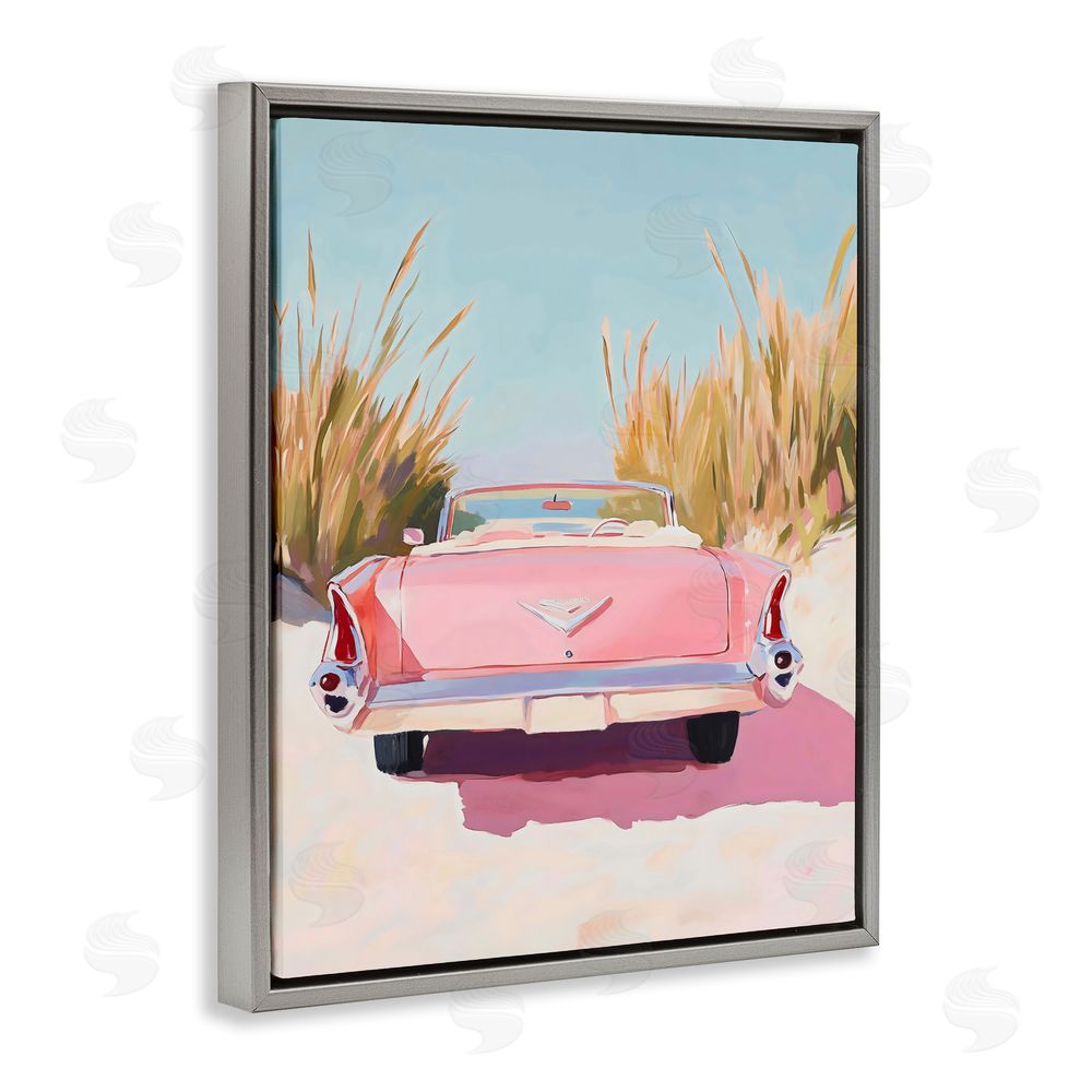 The Prints Vibe Pink Cadillac on Beach Gray Floating Framed Canvas Wall Art
