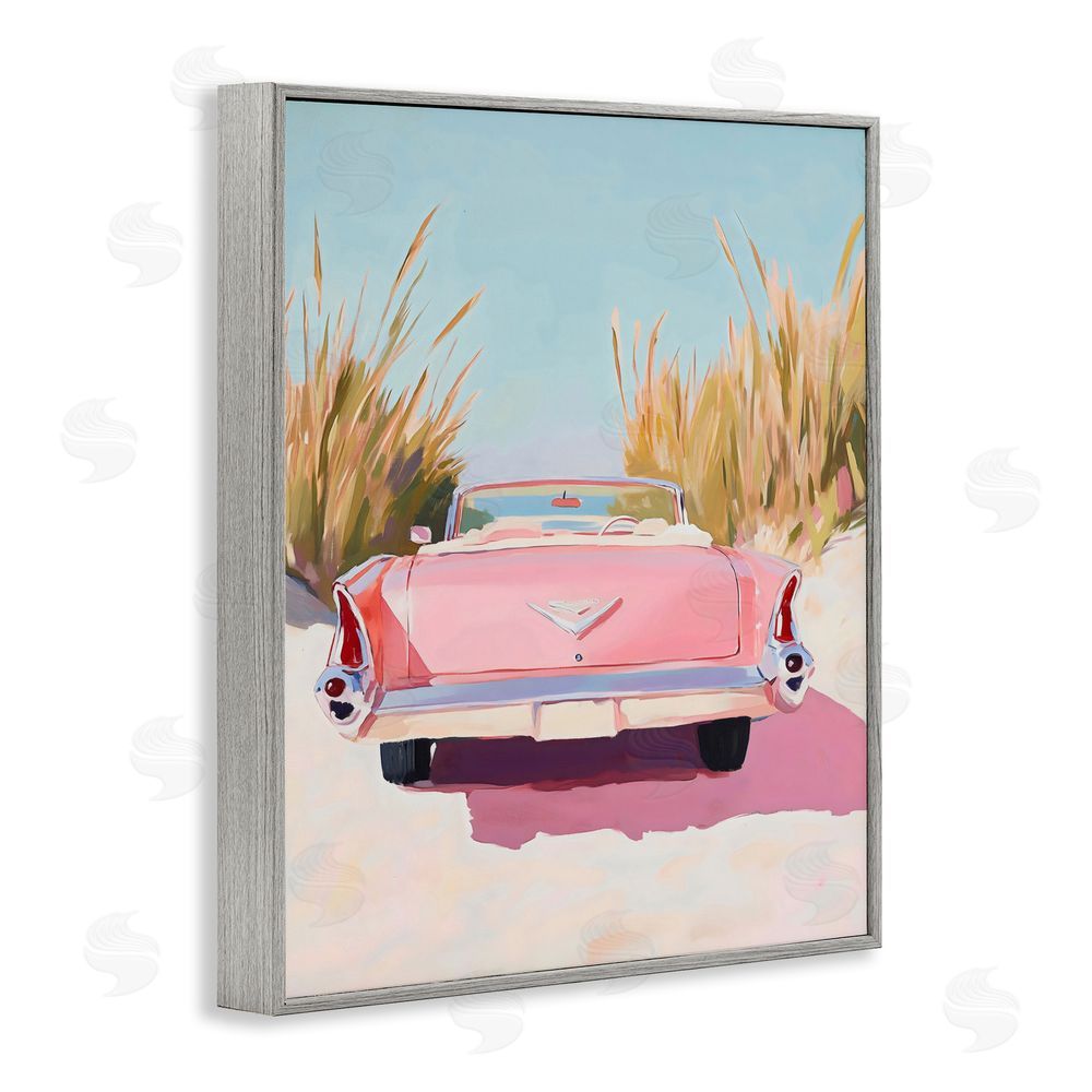 The Prints Vibe Pink Cadillac on Beach Gray Framed Giclee Wall Art