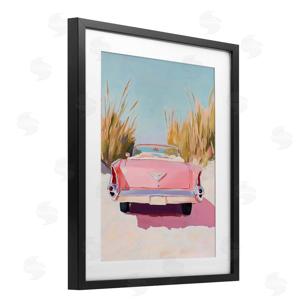 The Prints Vibe Pink Cadillac on Beach Black Framed Print Under Glass Wall Art