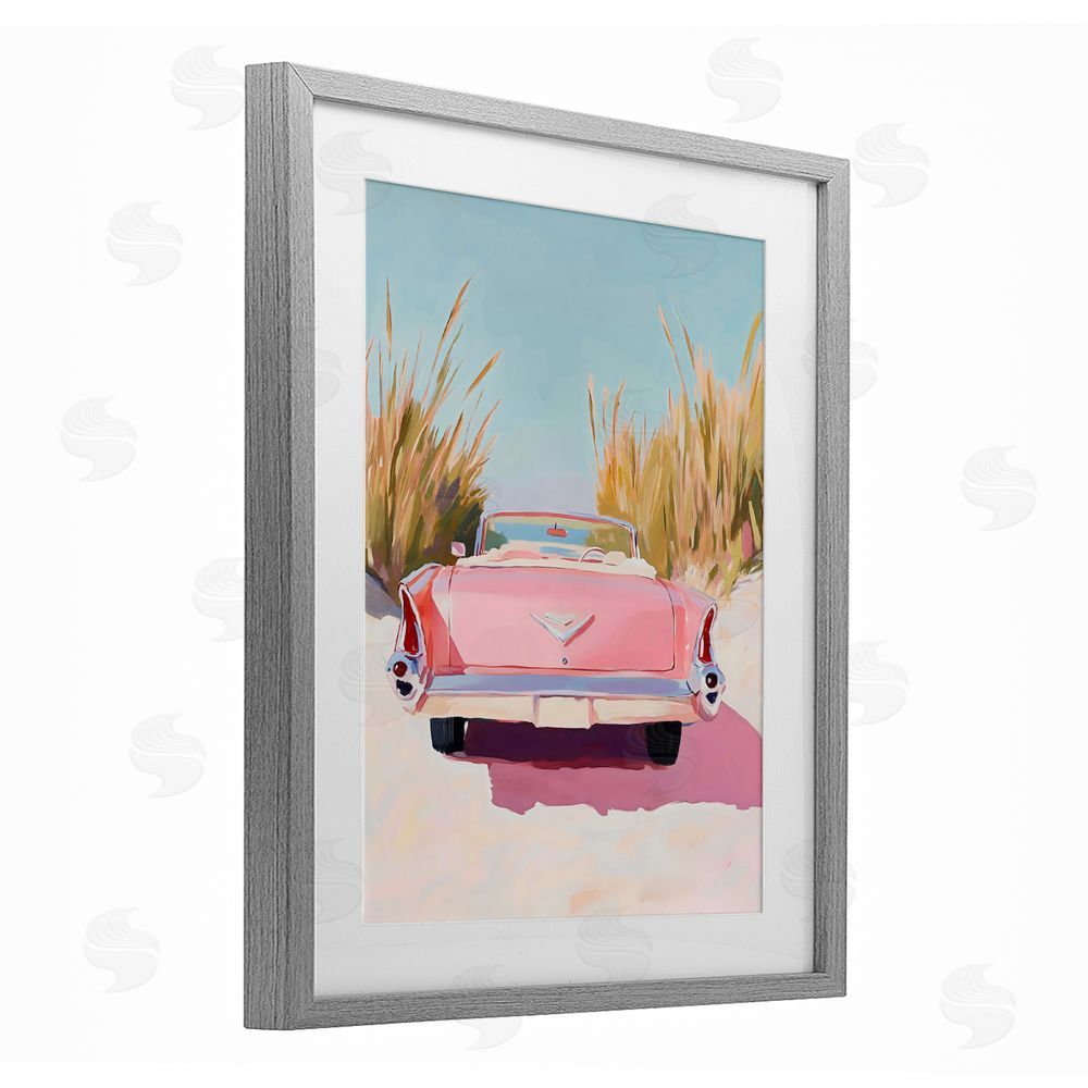 The Prints Vibe Pink Cadillac on Beach Gray Framed Print Under Glass Wall Art