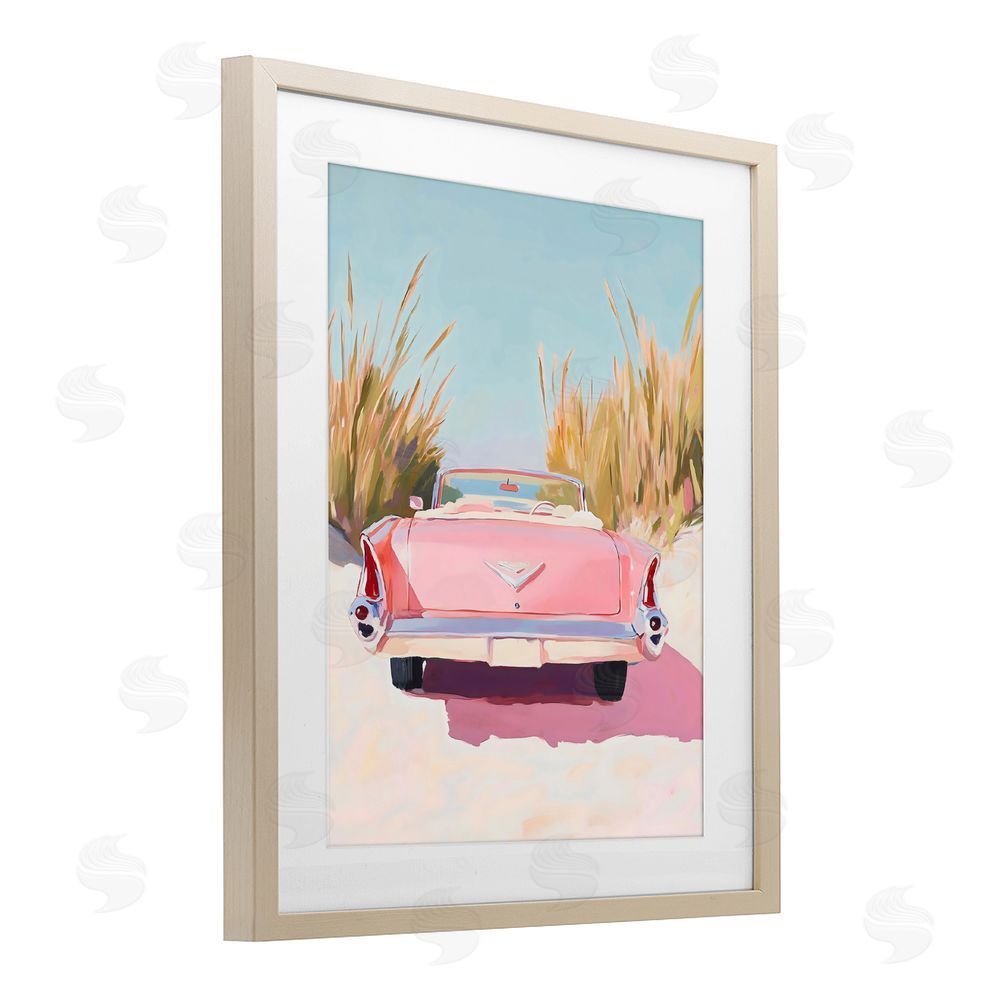 The Prints Vibe Pink Cadillac on Beach Brown Framed Print Under Glass Wall Art
