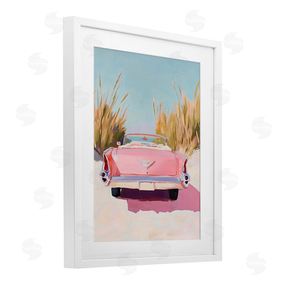 The Prints Vibe Pink Cadillac on Beach White Framed Print Under Glass Wall Art