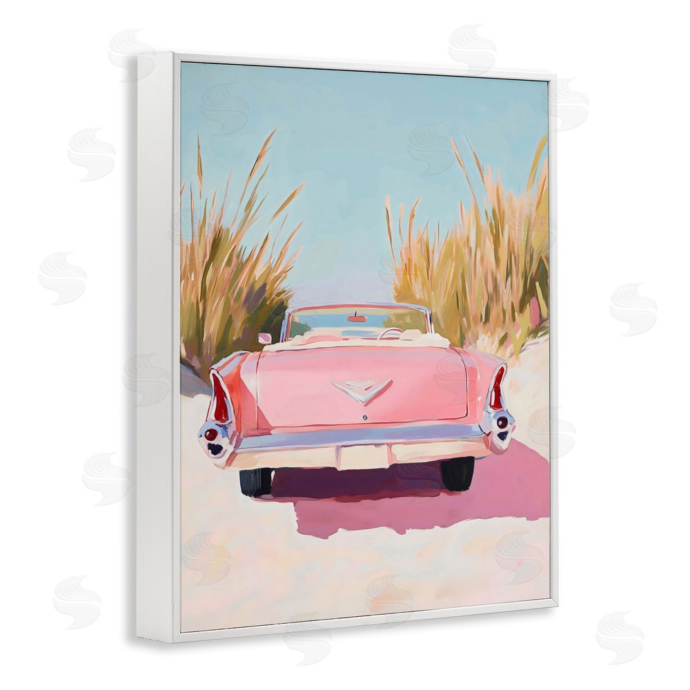 The Prints Vibe Pink Cadillac on Beach White Framed Giclee Wall Art