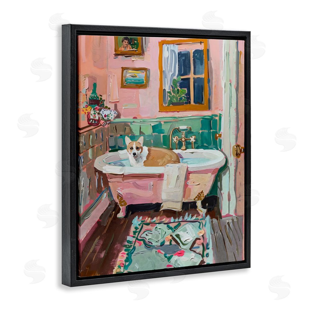 The Prints Vibe Corgi in Pastel Tub Black Floating Frame Canvas Wall Art Print