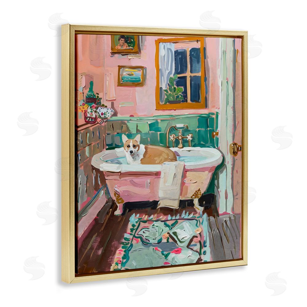 The Prints Vibe Corgi in Pastel Tub Gold Floating Frame Canvas Wall Art Print