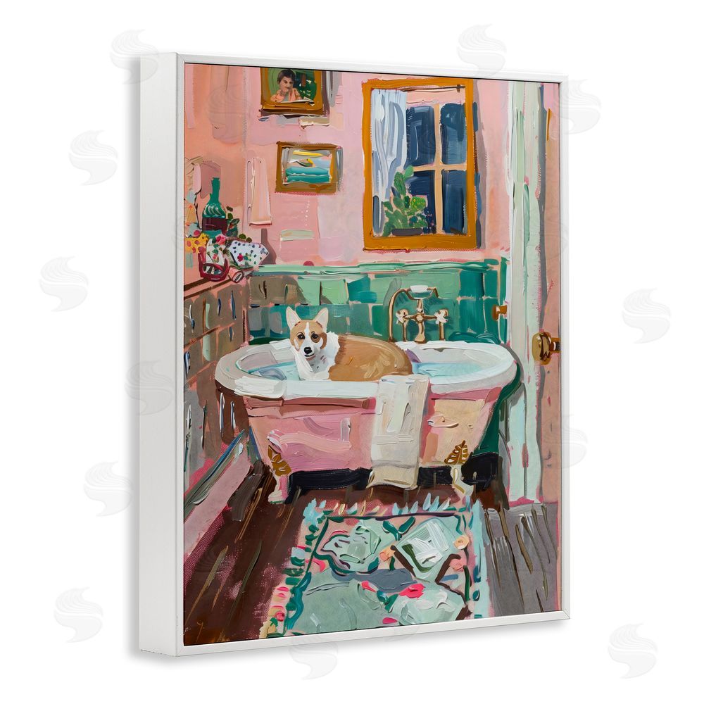 The Prints Vibe Corgi in Pastel Tub White Framed Giclee Wall Art Print