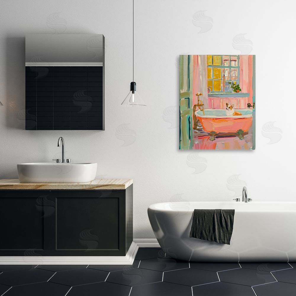 The Prints Vibe Corgi in Bathtub Stretched Canvas Wall Art in Room