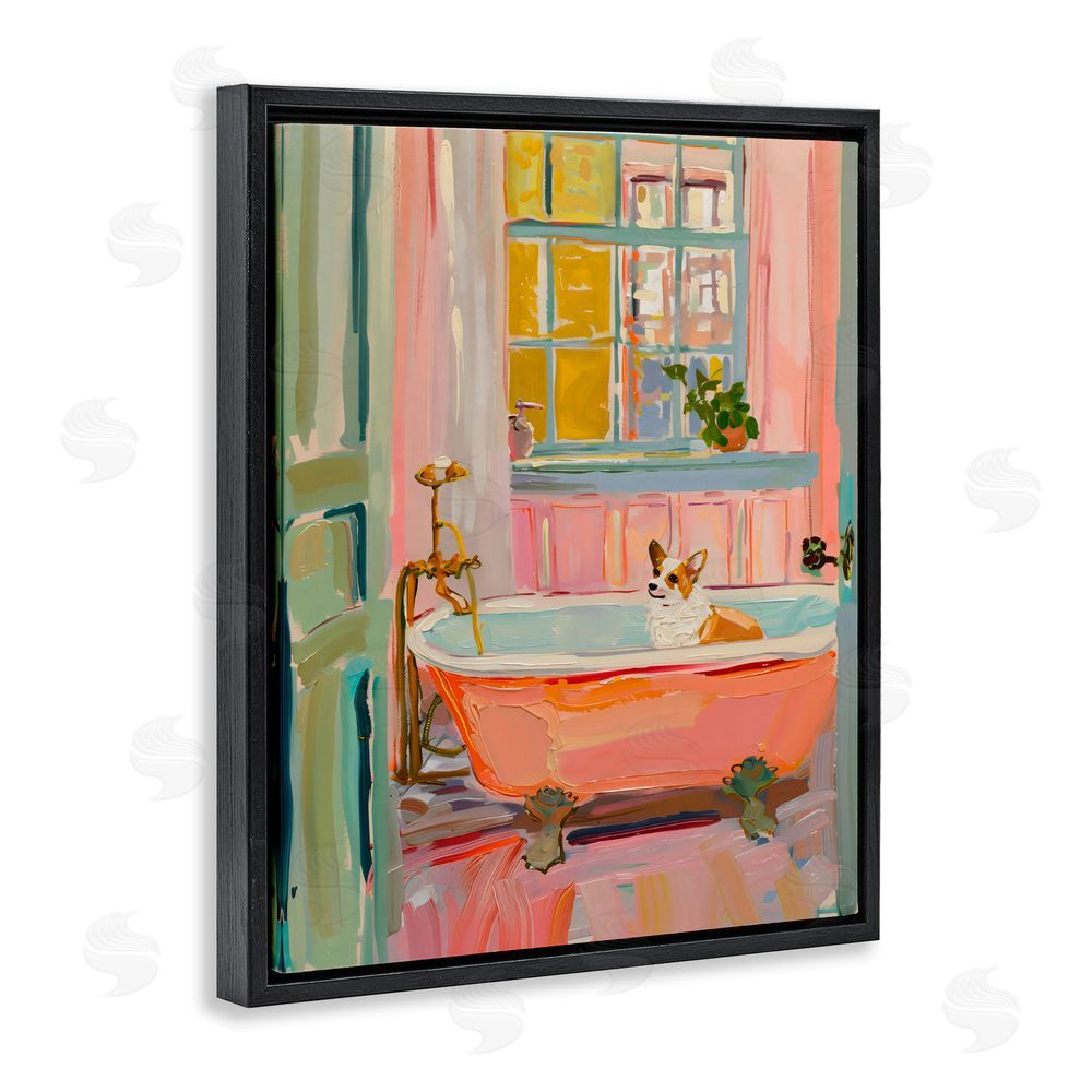 The Prints Vibe Corgi in Bathtub Black Floating Frame Canvas Wall Art Print