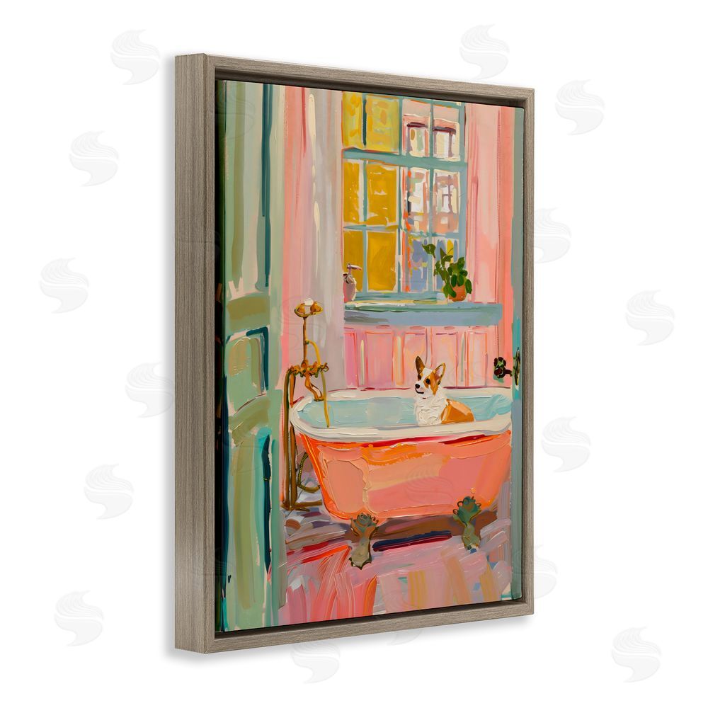 The Prints Vibe Corgi in Bathtub Brown Floating Frame Canvas Wall Art Print