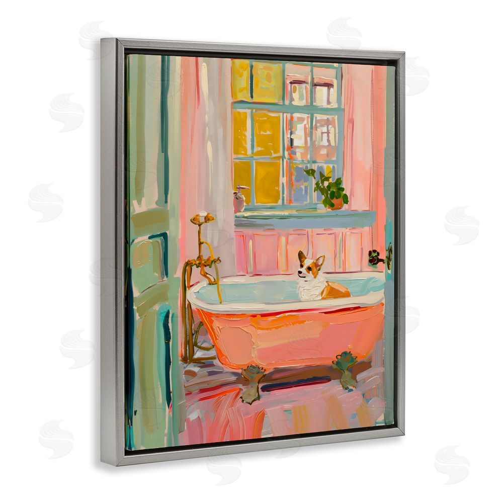 The Prints Vibe Corgi in Bathtub Gray Floating Frame Canvas Wall Art Print