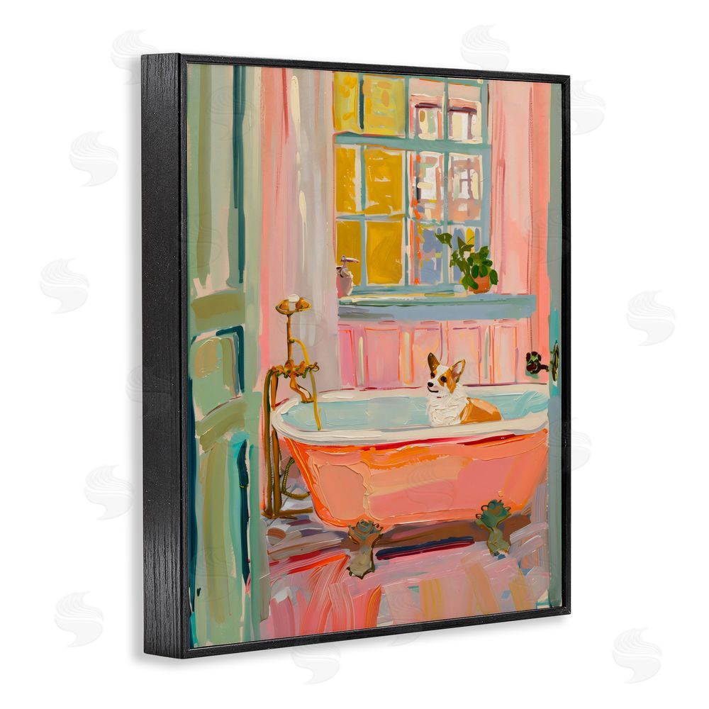 The Prints Vibe Corgi in Bathtub Black Framed Giclee Wall Art Print