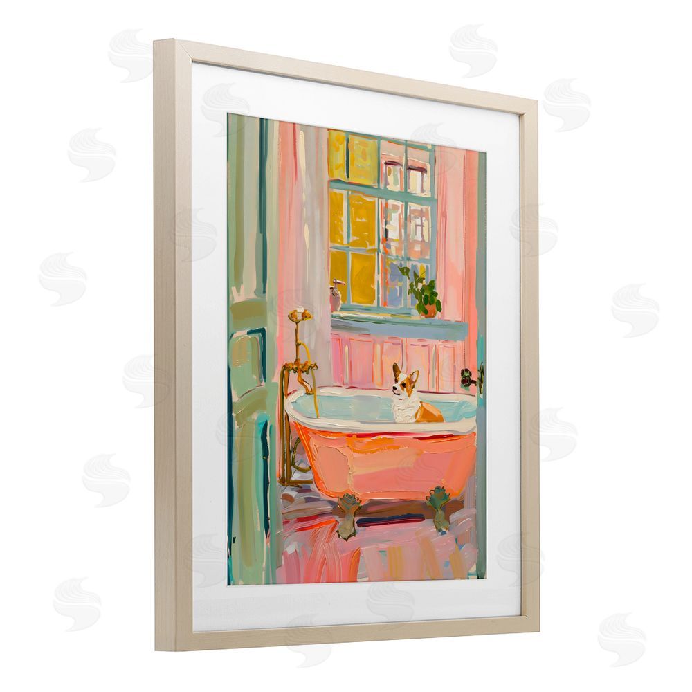 The Prints Vibe Corgi in Bathtub Brown Framed Print Under Glass Wall Art