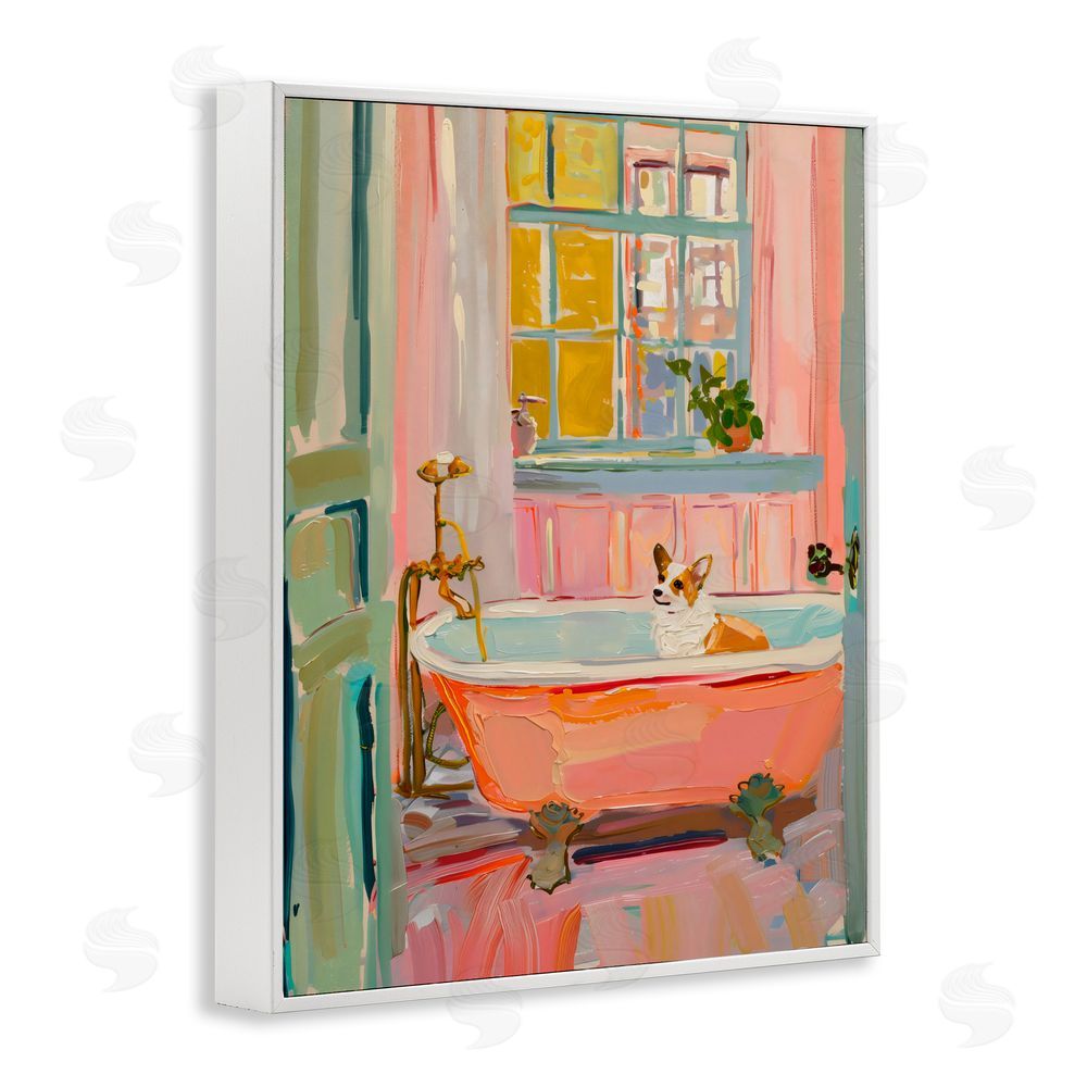 The Prints Vibe Corgi in Bathtub White Framed Giclee Wall Art Print