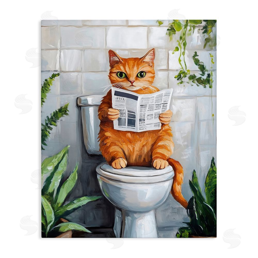 The Prints Vibe Orange Cat Reading Paper Stretched Canvas Wall Art