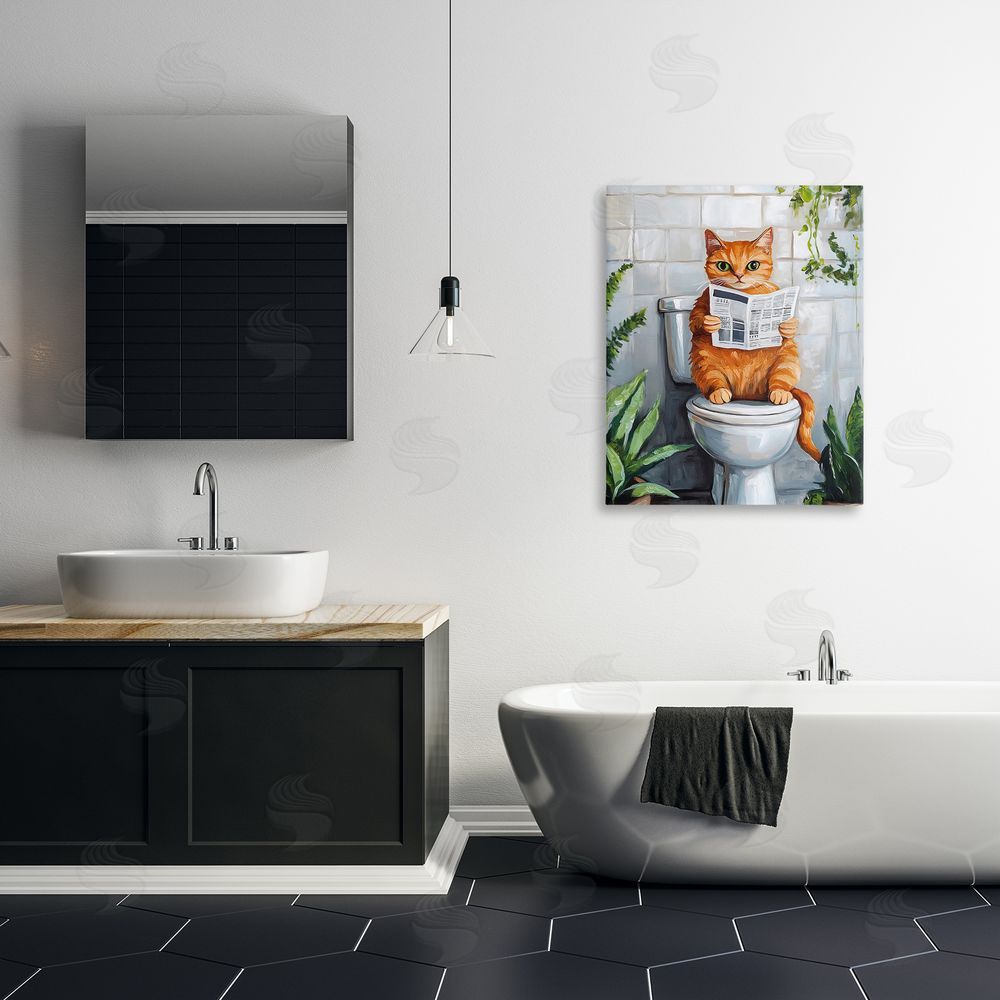 The Prints Vibe Orange Cat Reading Paper Stretched Canvas Wall Art in Room