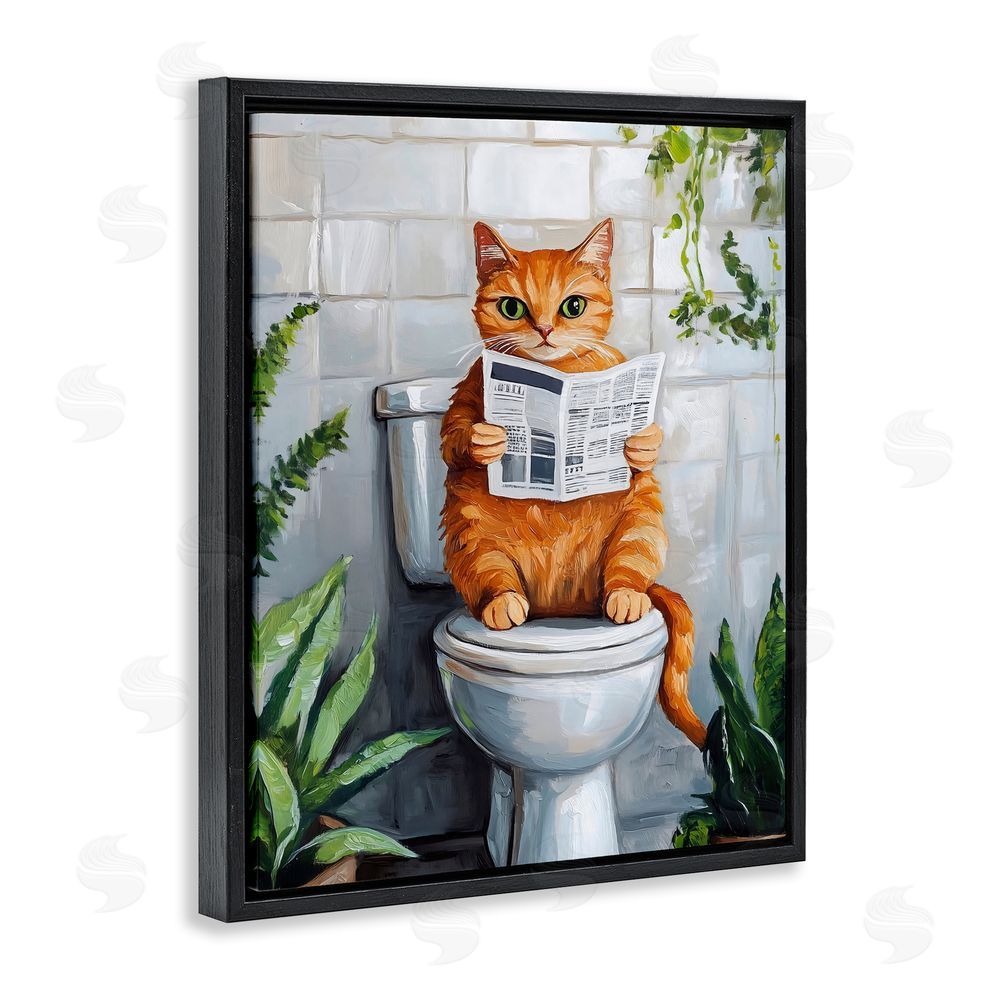 The Prints Vibe Orange Cat Reading Paper Black Floating Framed Canvas Wall Art