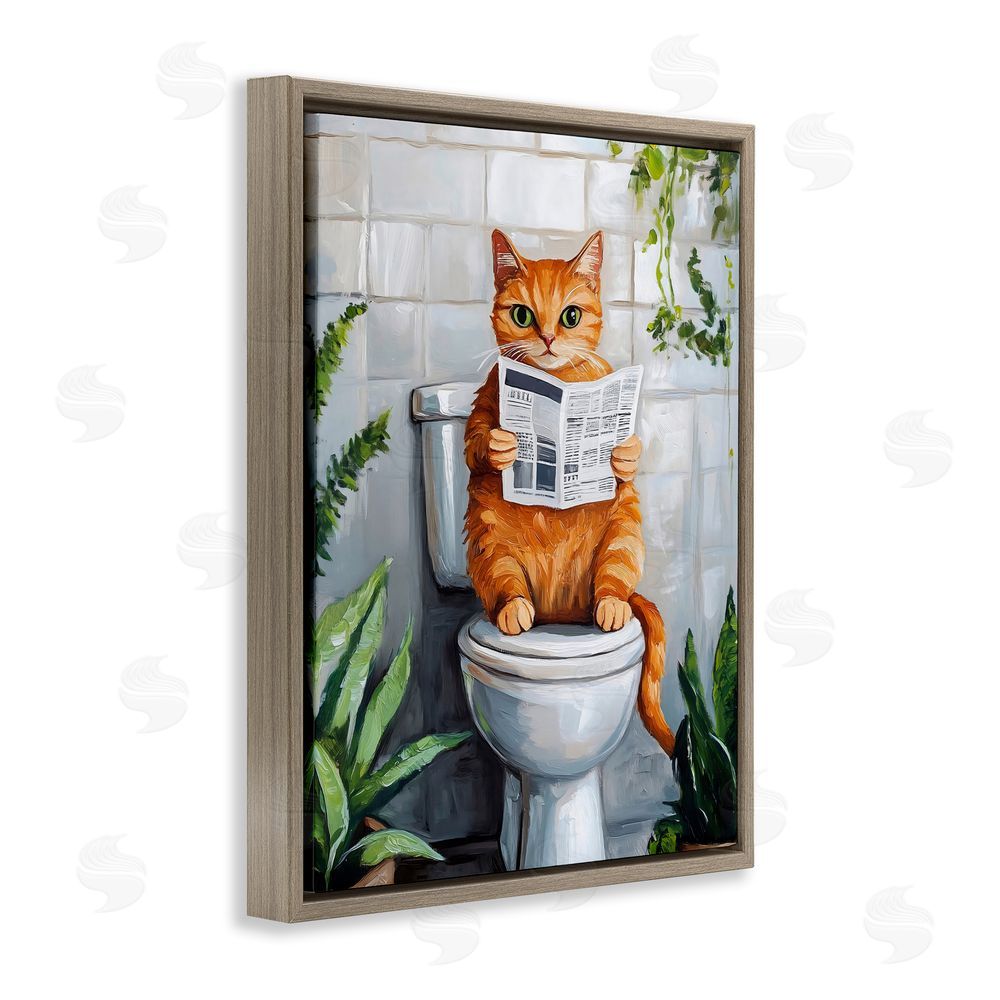 The Prints Vibe Orange Cat Reading Paper Brown Floating Framed Canvas Wall Art