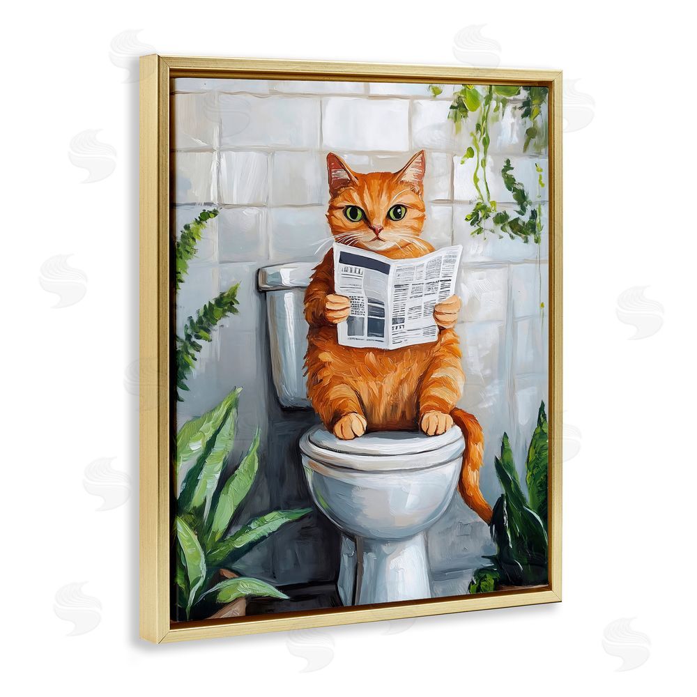 The Prints Vibe Orange Cat Reading Paper Gold Floating Framed Canvas Wall Art