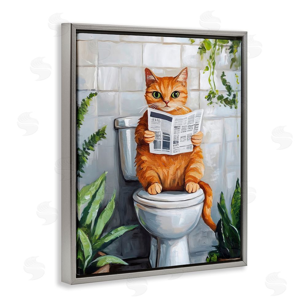 The Prints Vibe Orange Cat Reading Paper Gray Floating Framed Canvas Wall Art