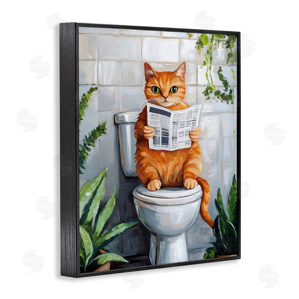 The Prints Vibe Orange Cat Reading Paper Black Framed Giclee Wall Art