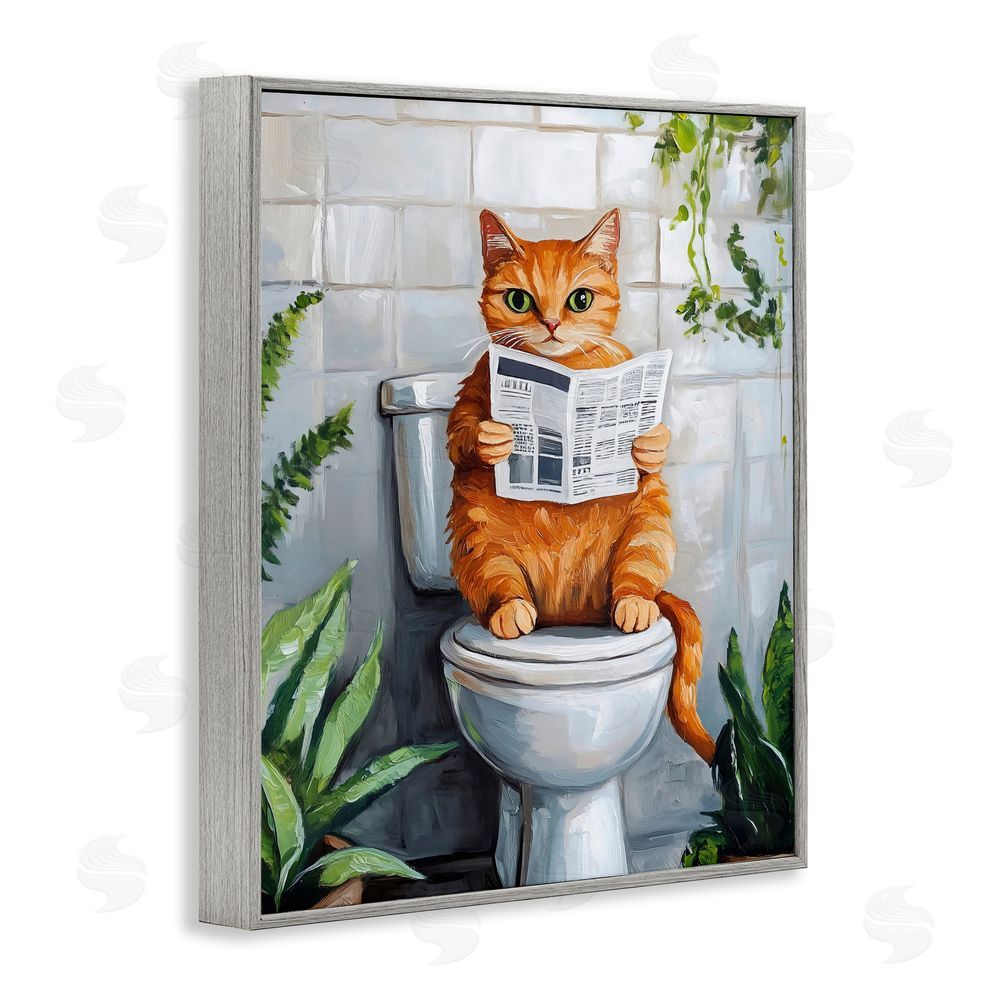 The Prints Vibe Orange Cat Reading Paper Gray Framed Giclee Wall Art
