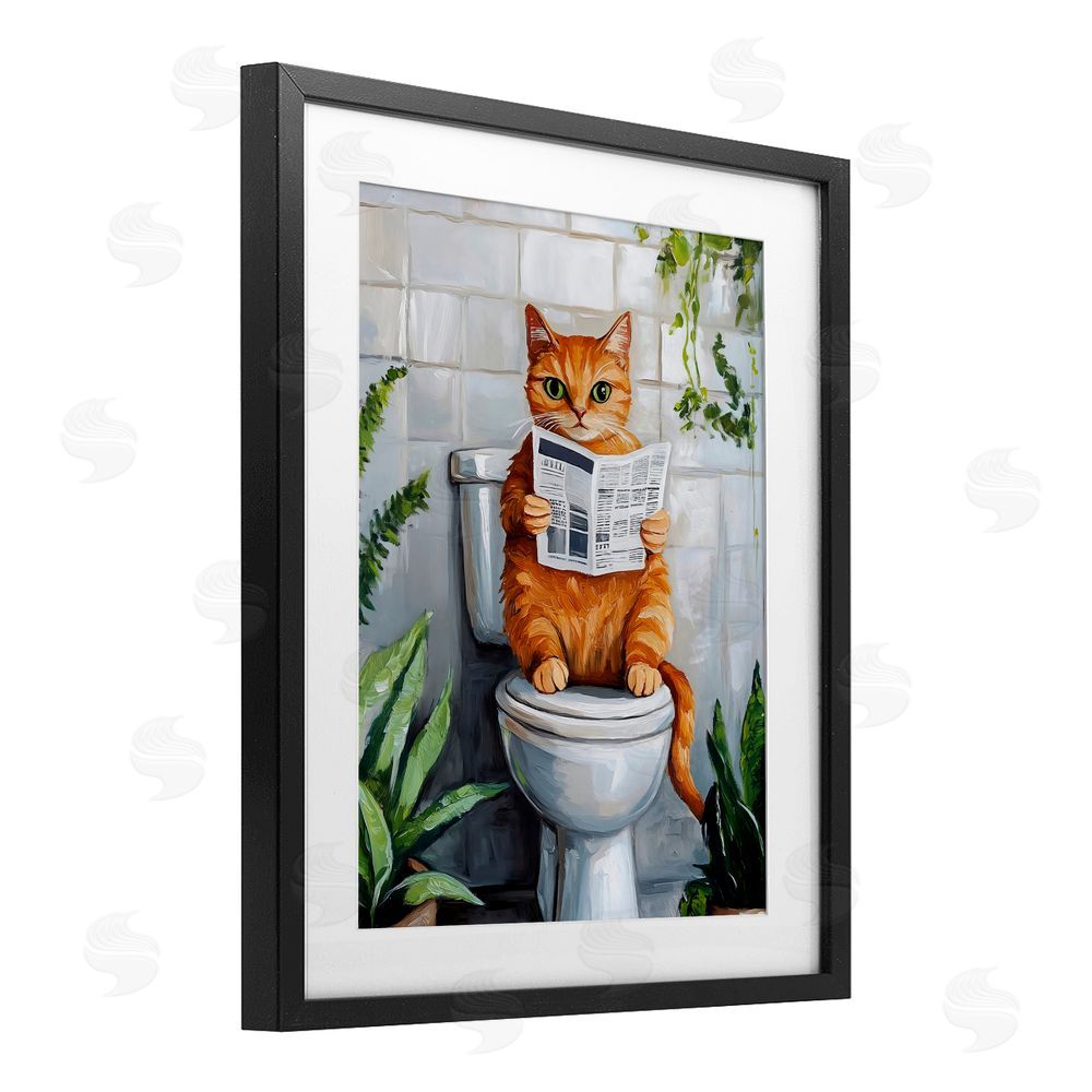 The Prints Vibe Orange Cat Reading Paper Black Framed Print Under Glass Wall Art