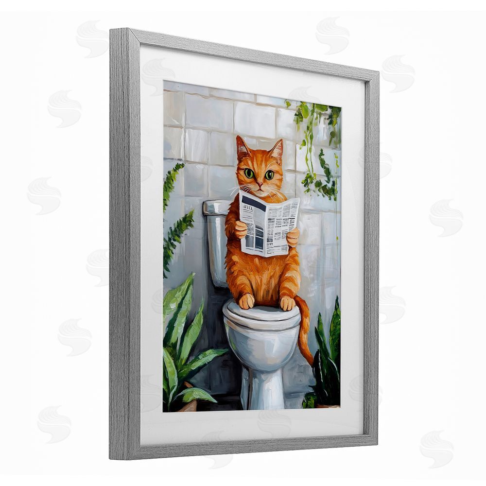 The Prints Vibe Orange Cat Reading Paper Gray Framed Print Under Glass Wall Art